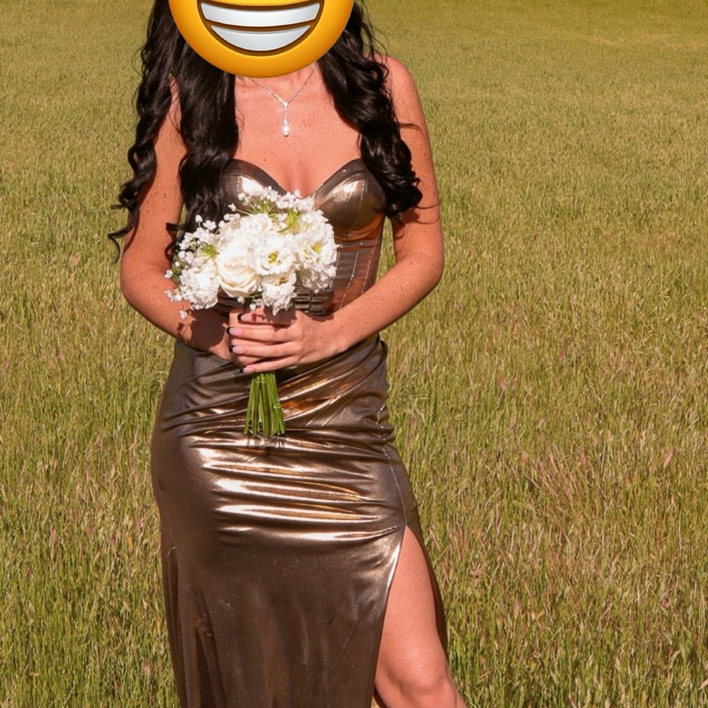 Sherri Hill Metallic Gold Strapless Sweetheart Gown with Side Slit